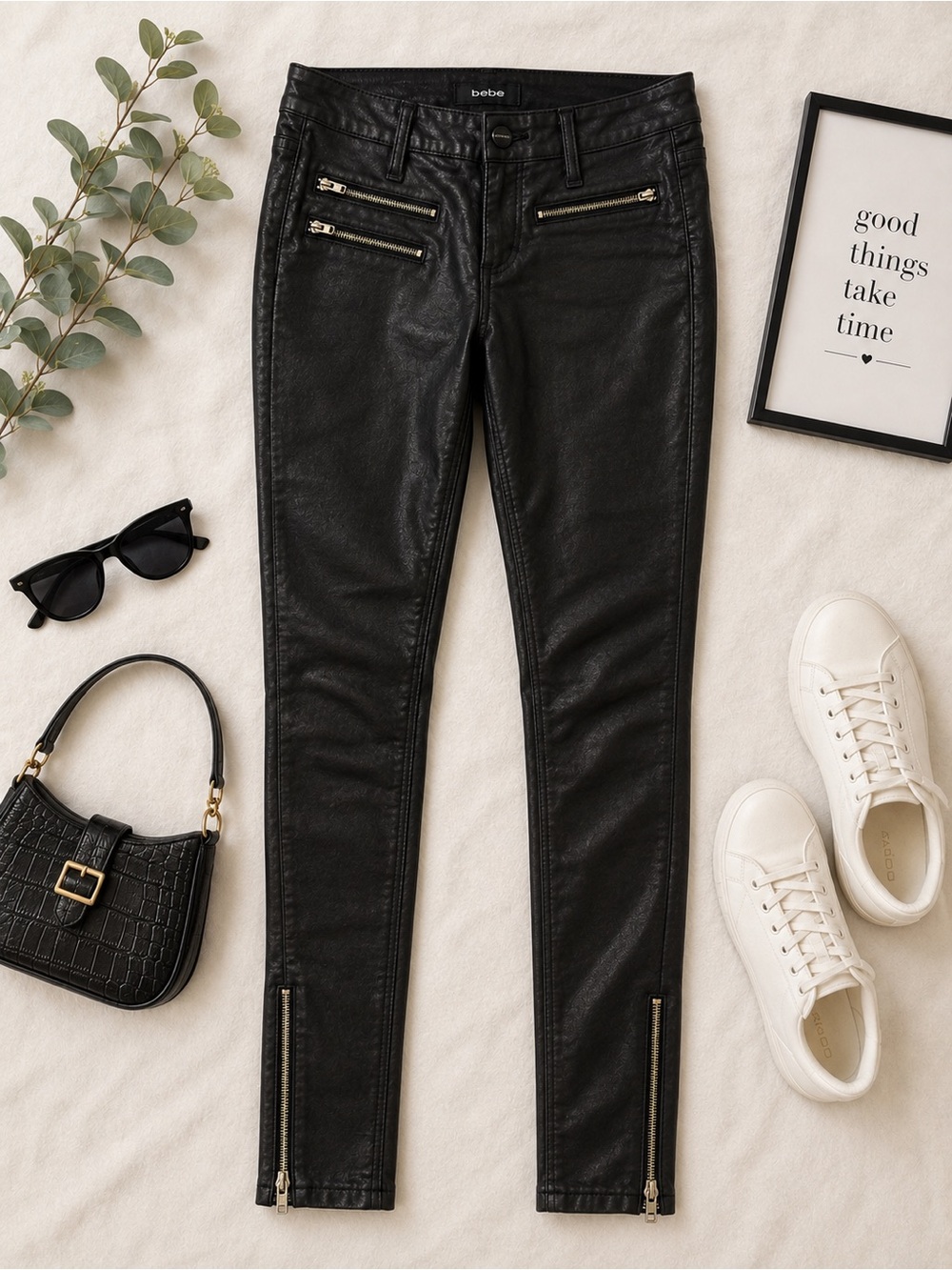 bebe Black Faux Leather Moto Pants with Zipper Detail